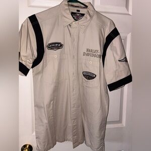 Harley-Davidson Beige and Black Short Sleeve Button-Front Shirt